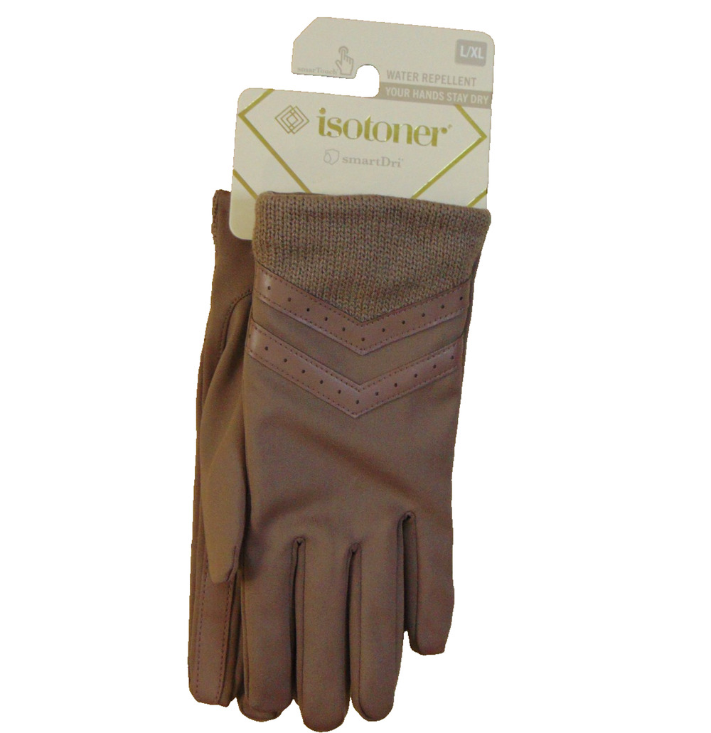 Isotoner Womens smartDRI Spandex Gloves Rib Knit Cuff Deep Taupe L/XL NWT